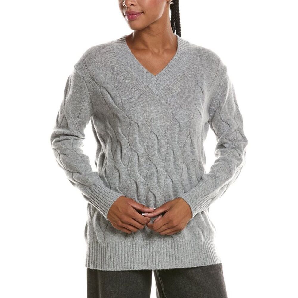 Forte Cashmere Womens  Long Cable V-Neck 100% Cashmere Sweater, Gray